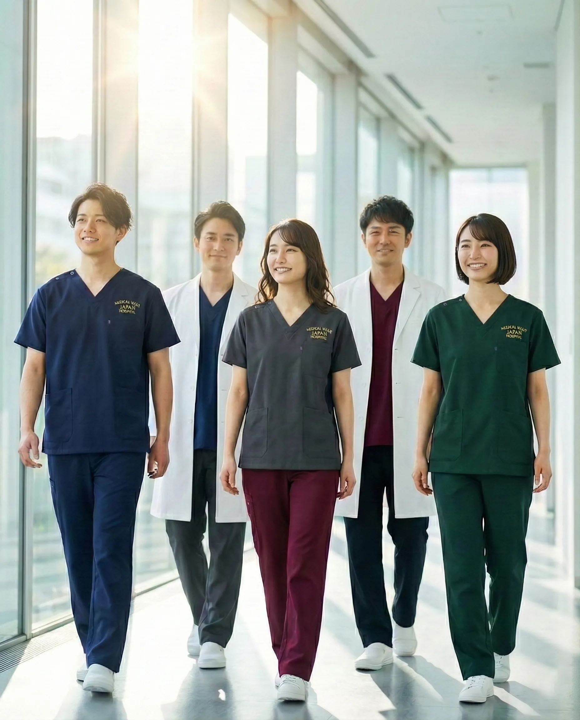 刺繍入りスクラブを着た医療チーム