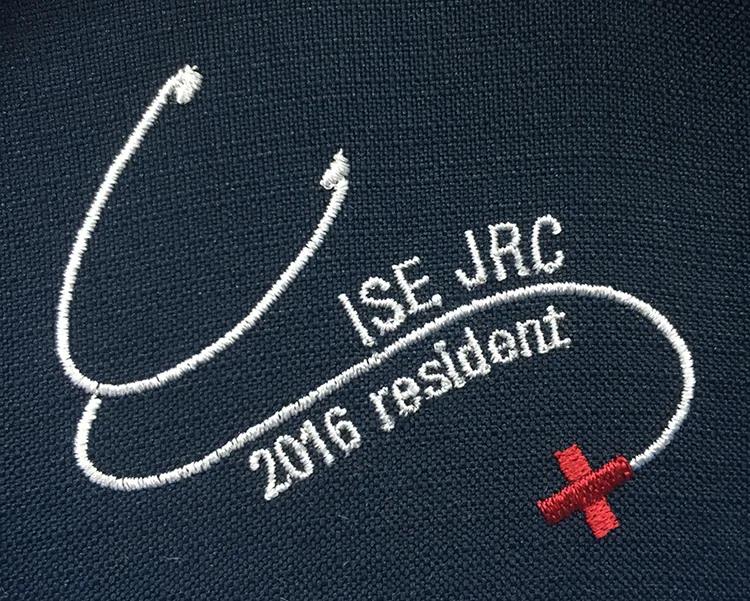 ISE JRC 2016 resident のオリジナルロゴ・十字架。医療スクラブ・白衣に施した刺繍の実績