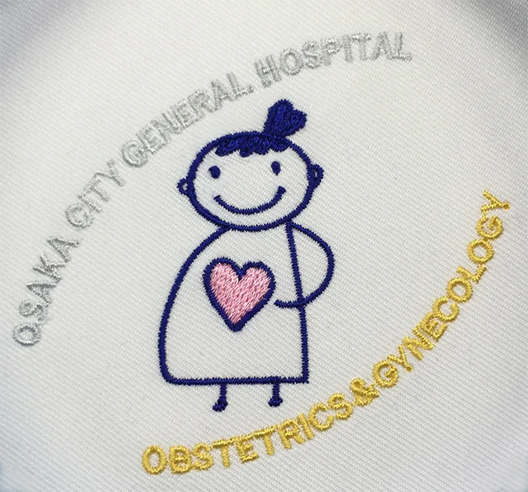 OSAKACITY GENERAL HOSPITAL OBSTETRICS&GYNECOLOGY のオリジナルロゴ・ハート。医療スクラブ・白衣に施した刺繍の実績